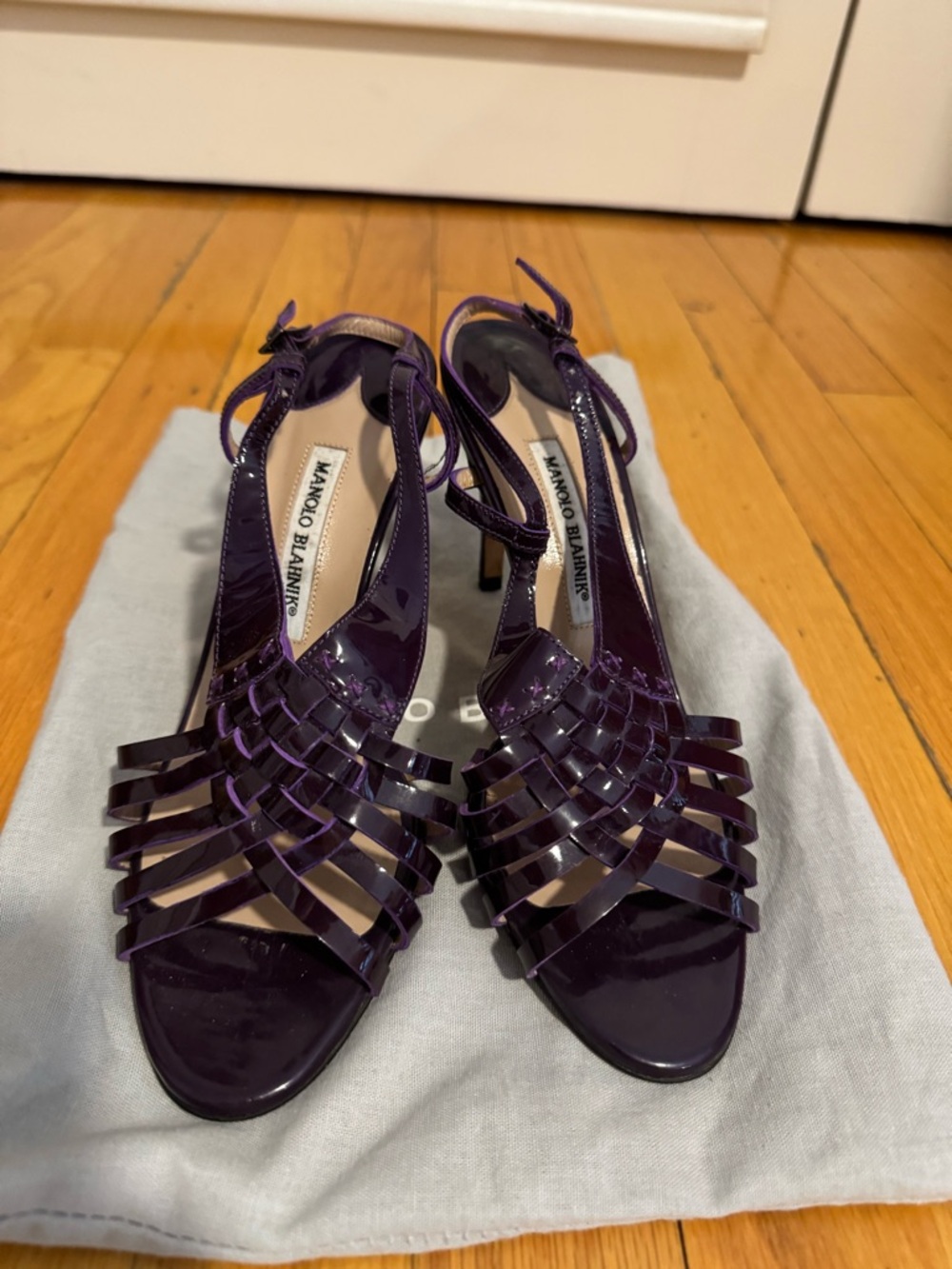 Manolo Blahnik Patent Dark Purple Strappy Slingback Heels